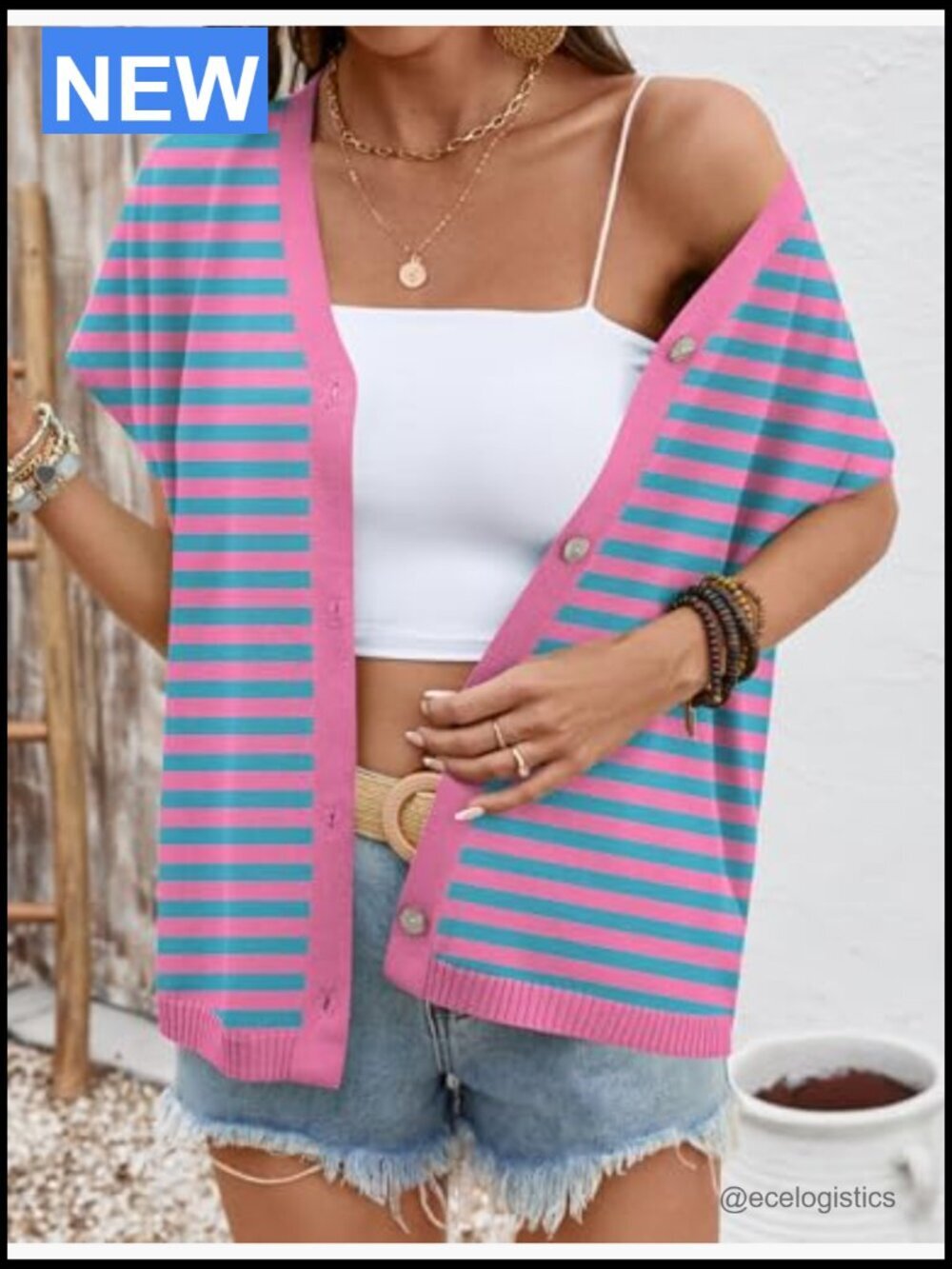 Oversized V-Neck Short Sleeve Button Cardigan Lightweight Knit - Picture 5 of 7